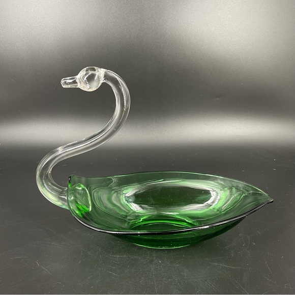 Vintage Duncan Miller Glass SWAN Console Bowl Emerald Green Bowl Candy Dish - Picture 1 of 12